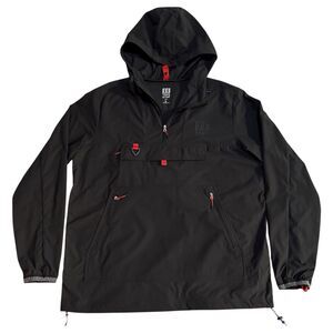 Topo Designs Mountain Anorak Jacket Mens Large Black Hooded Windbreaker Red Trim